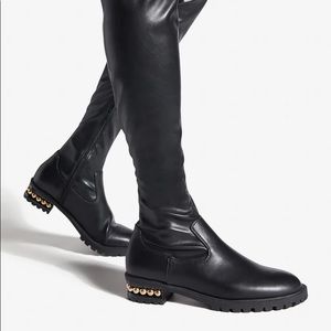 Faux Leather Riding Style Embellished Black Knee High Boots
